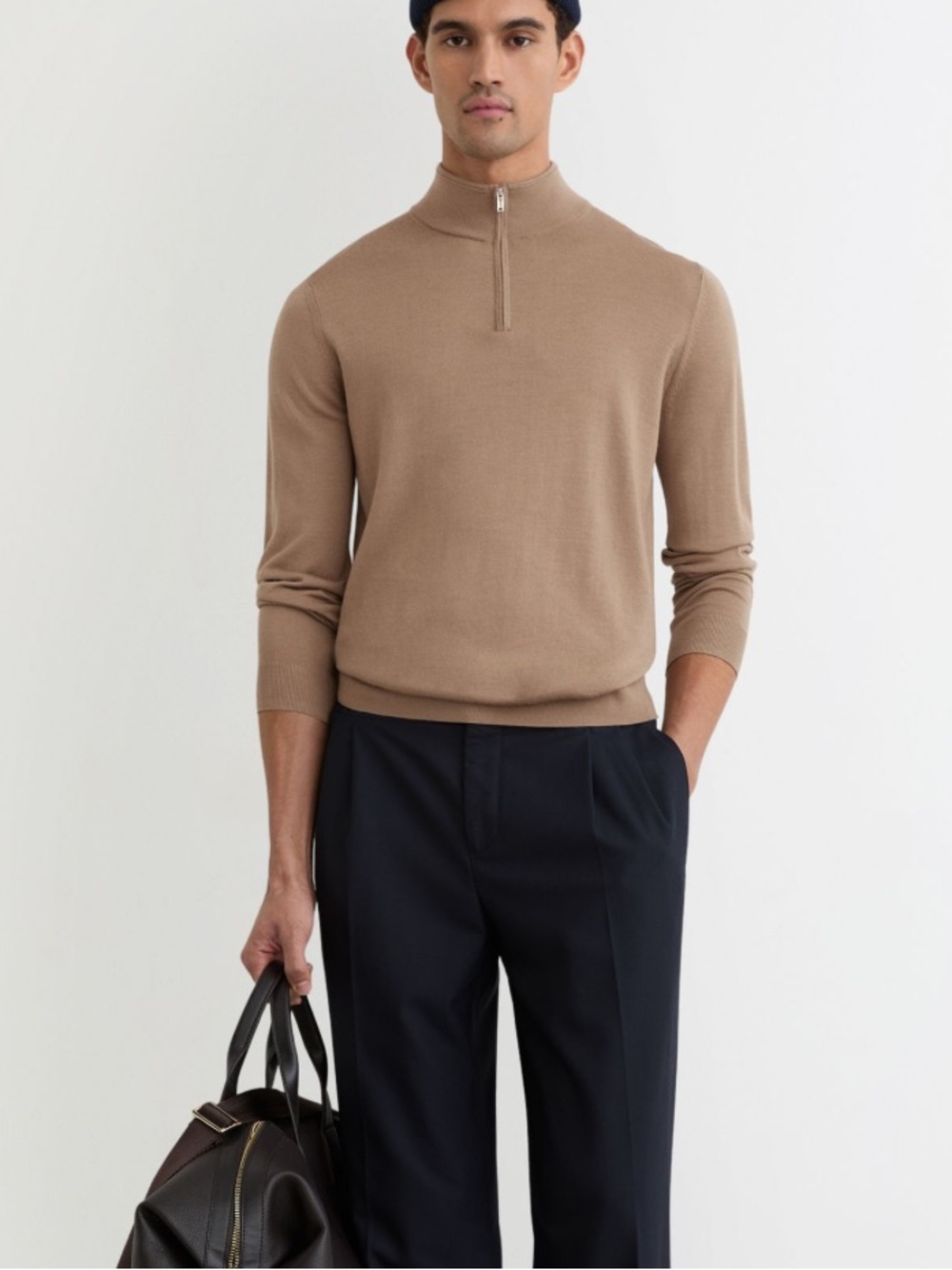 Reiss camel brown merino wool quarter zip sweater